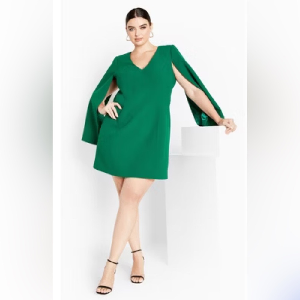 City chic- Elegant Green Cape Dress